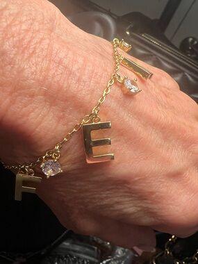 Gold Letter E Charm Bracelet with Clear Gem Accents